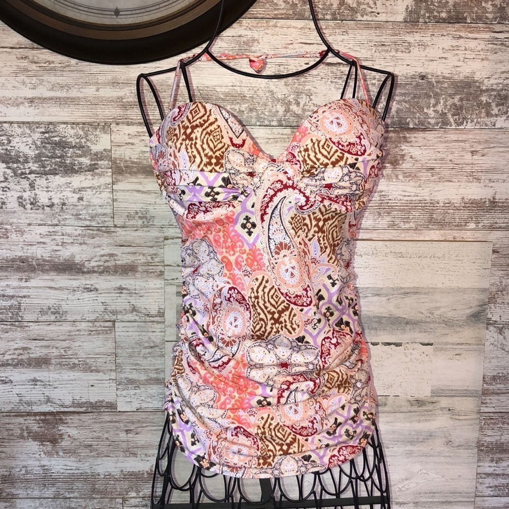 Victoria's Secret Bikini swim suit Colorful print no bottoms long top size 32C‌